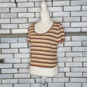 •SO Sz XXL Short Sleeve Scoop Neck Back Cut Out Brown Multicolor Stripe Crop Top